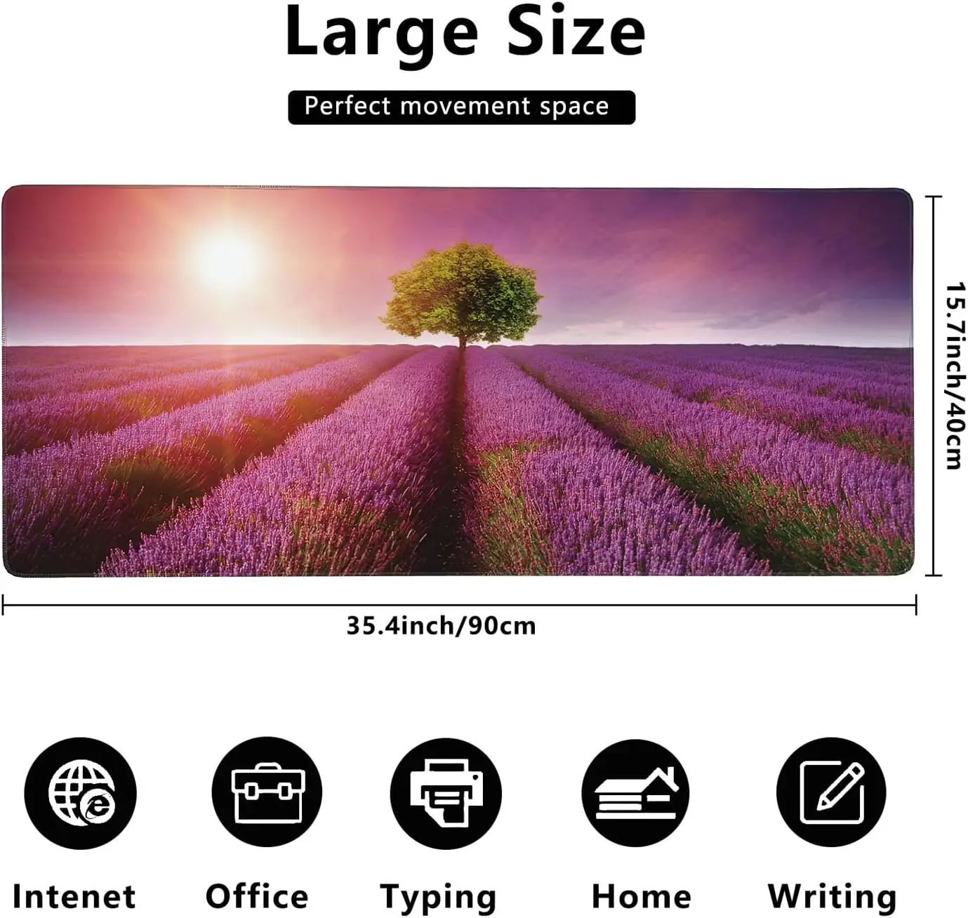 Lavender Field Landscape Gaming Mouse Pad with Non-Slip Rubber Base Stitched Edges Mouse Mat for Office Home 35.4 * 15.7 Inch