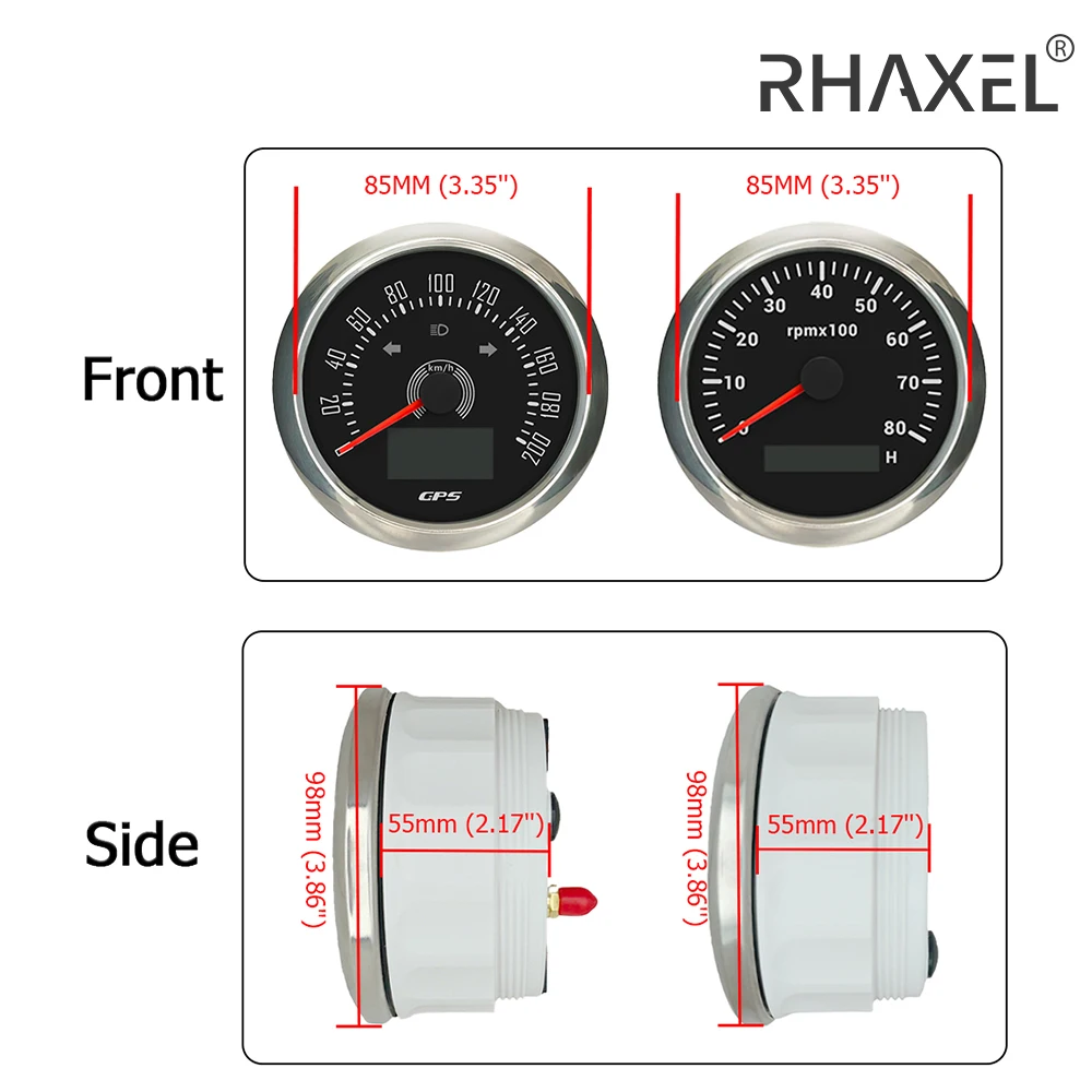 RHAXEL Gauge Kit 85mm Speedometer 200km/h GPS Speedo Gauge Tachometer 8000RPM 12V 24V for Car Yachts with Hour Meter Backlight