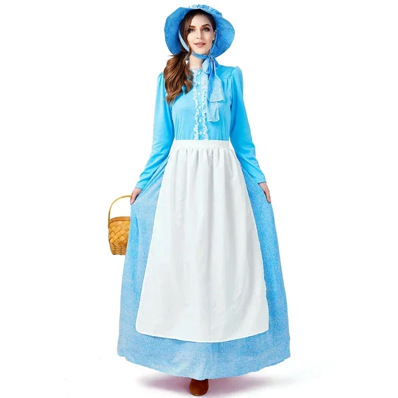 

Miss Pioneer Costume Colonial Prairie Maid Halloween Women Adult Fancy Dress With Bonnet Apron Sets
