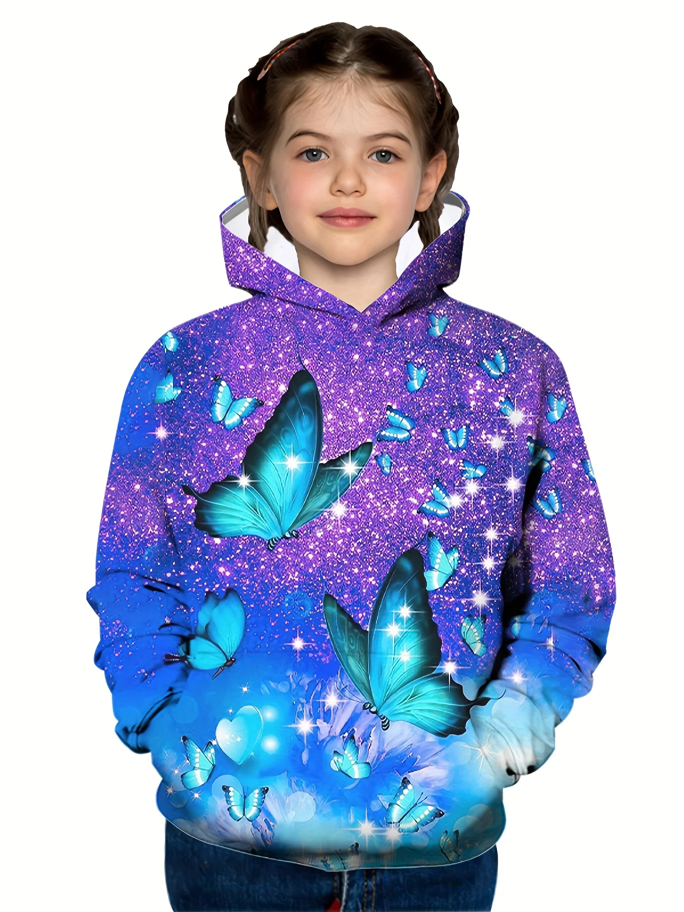 

Girls and boys spring and autumn 3D butterfly pattern printed fashionable and cool hooded sweatshirt, long sleeved hooded sweats