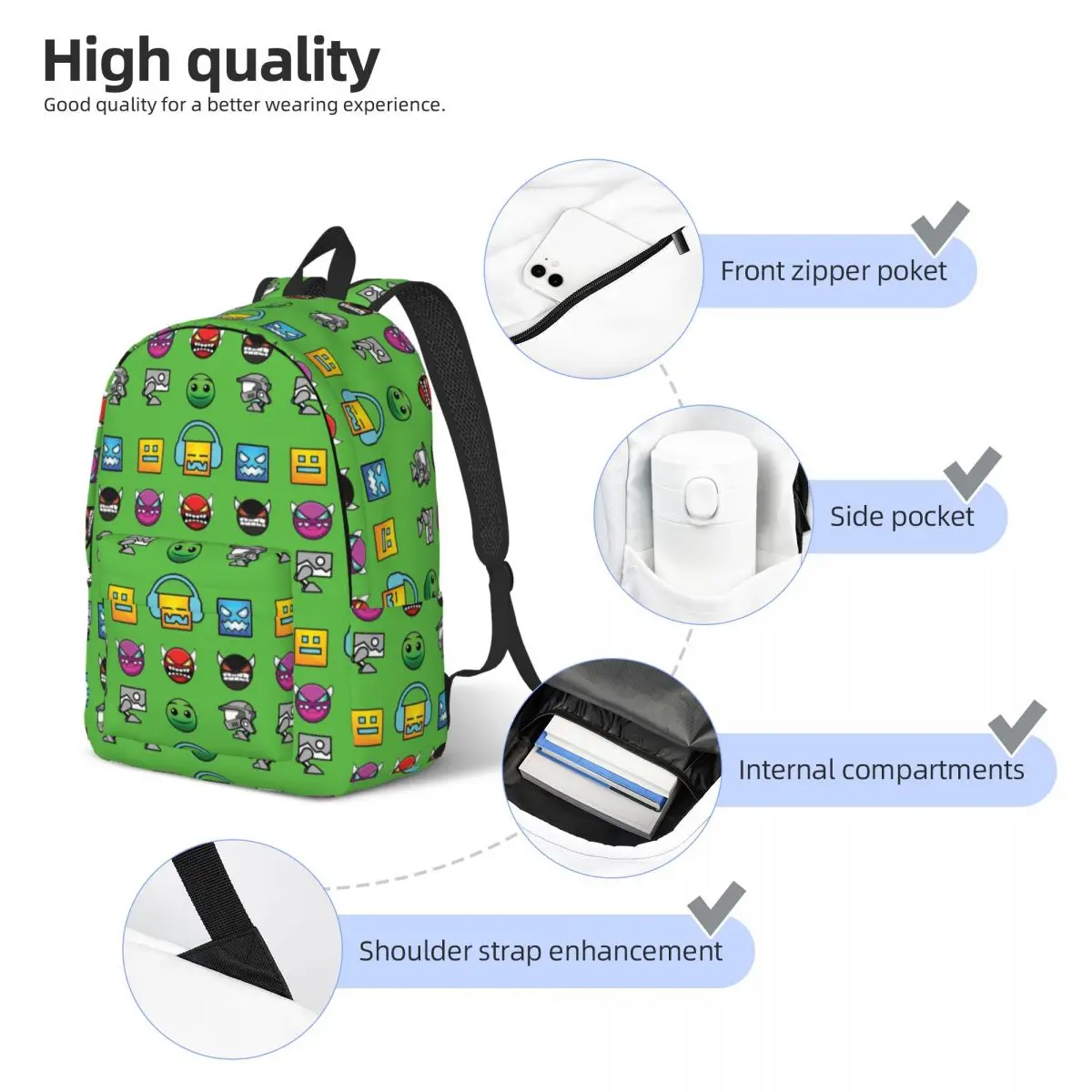 Geometria Cube Dash Gaming Old School Backpack para meninos e meninas Kids, Student School Bookbag, Daypack, Pré-escolar Primary Bag, durável