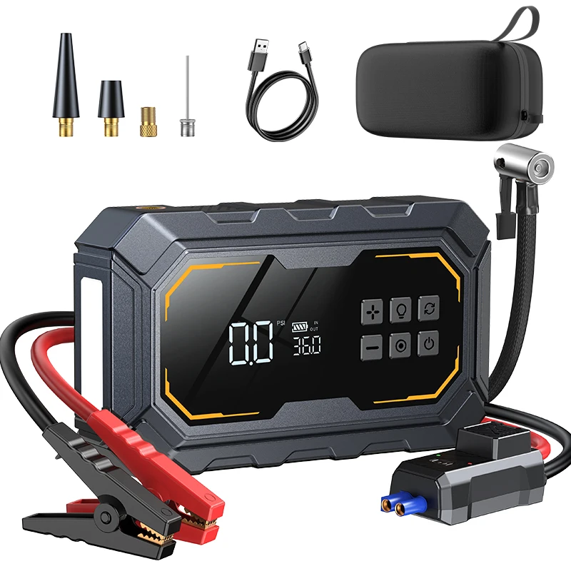 Portable Digital Car Jump Starter Air Compressor 10000 mAh Power Supply with Light Emitting Diode Light 150 PSI Tire Inflator