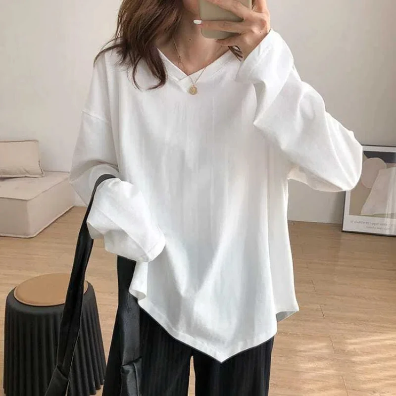 

Simplicity Irregular Loose V Neck T Shirts Spring Autumn New Long Sleeve Solid Youth Casual Tops Fashion Vintage Women Clothing