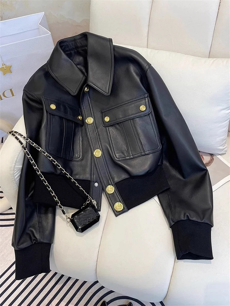 

Black Pu Leather Crop Jacket for Women Y2K Fall Loose Streetwear Lapel Motorcycle Coats Korean Single Breasted All Match Outwear