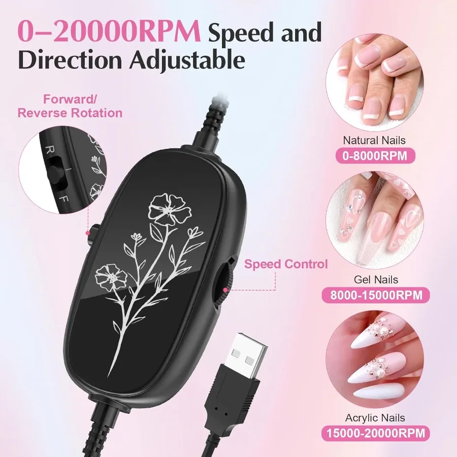 USB Electric Nail Drill Portable Electric Nail File for Acrylic Gel Nails Professional Drill Nail Kit Manicure and Ped