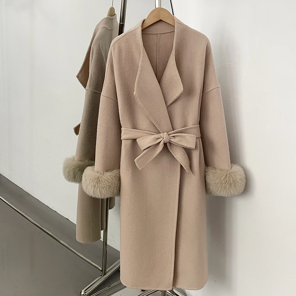 Double Face Woolen Coat Women's Long Coat with Real Fur Coat Premium Business Casual Elegant Winter Fashion Outerwear Clothing