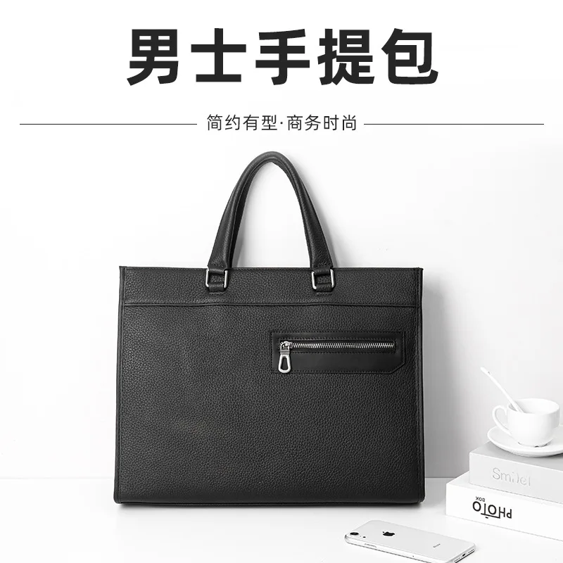 New Genuine Leather Handbag Men's Business Quality Briefcase Single Pull Top Layer Cowhide Horizontal Large Capacity Laptop Bag