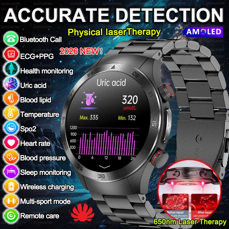 

2026 New Men laser Therapy Accurate Blood Fat HD AMOLED Screen Smart Watch Uric Acid ECG+PPG Bluetooth Call Health Smart watch