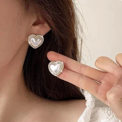 925 Silver Needle Heart Stud Earrings for Women Girl Korean Rhinestone Love Shape Daily Life Fashion Party Jewelry Piercing Ear