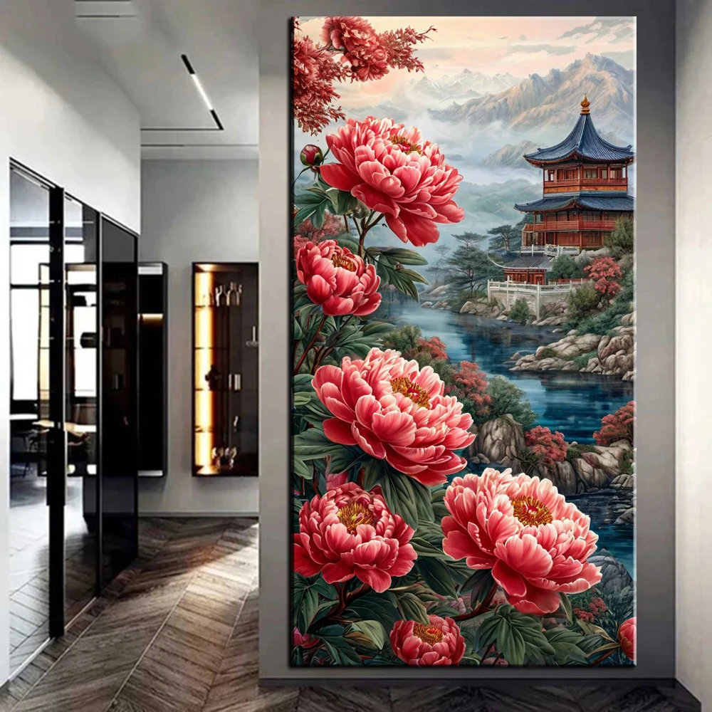 

Large Size 5D DIY Diamond Mosaic Diamond Painting Red Flowers Temple Natural Landscape Embroidery Square Round Cross Stitch
