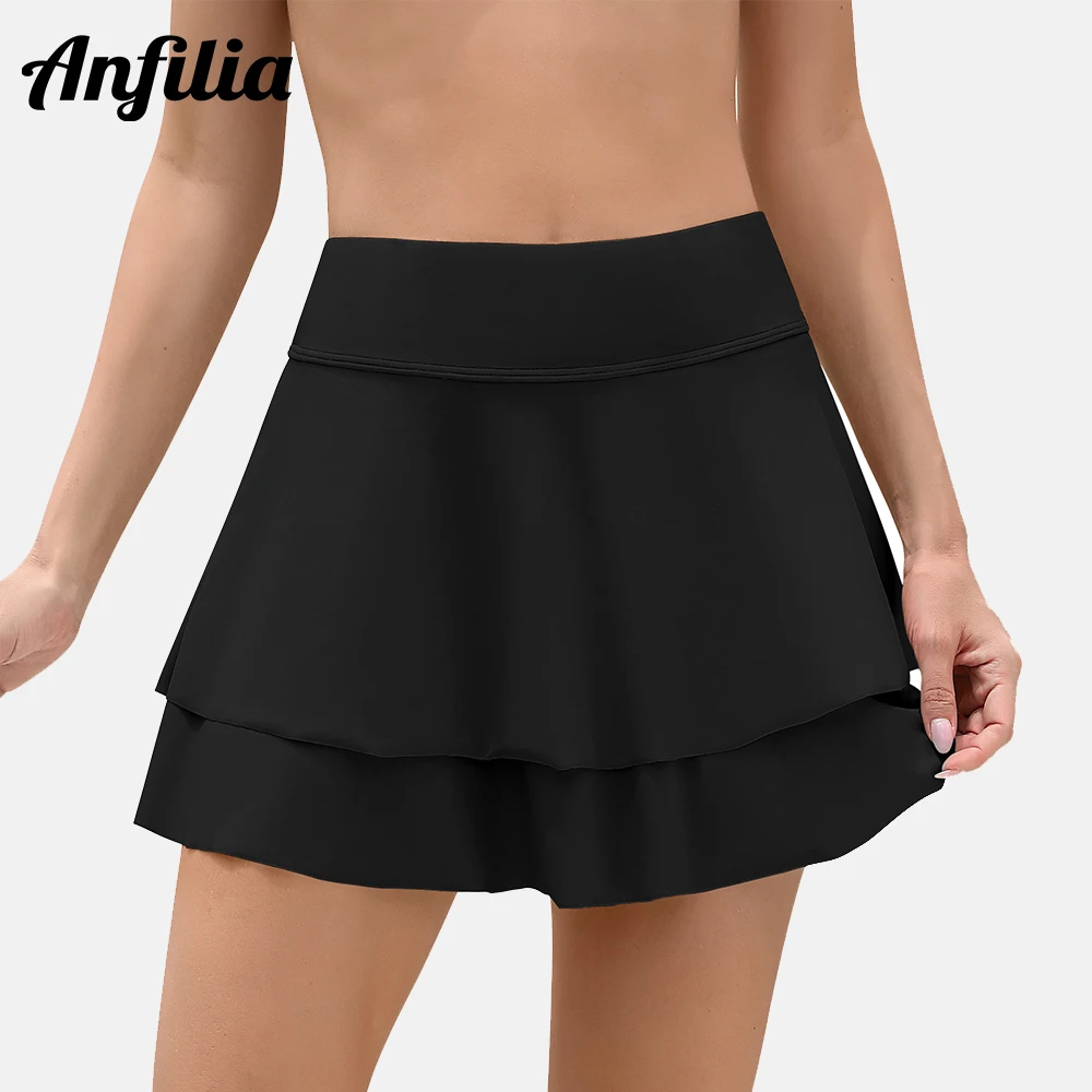 

Anfilia Women Swimming Skirts Solid Wide Waistband Built In Shorts Double-Layer Skin-Friendly Crotch Bikini Tankini Bottom