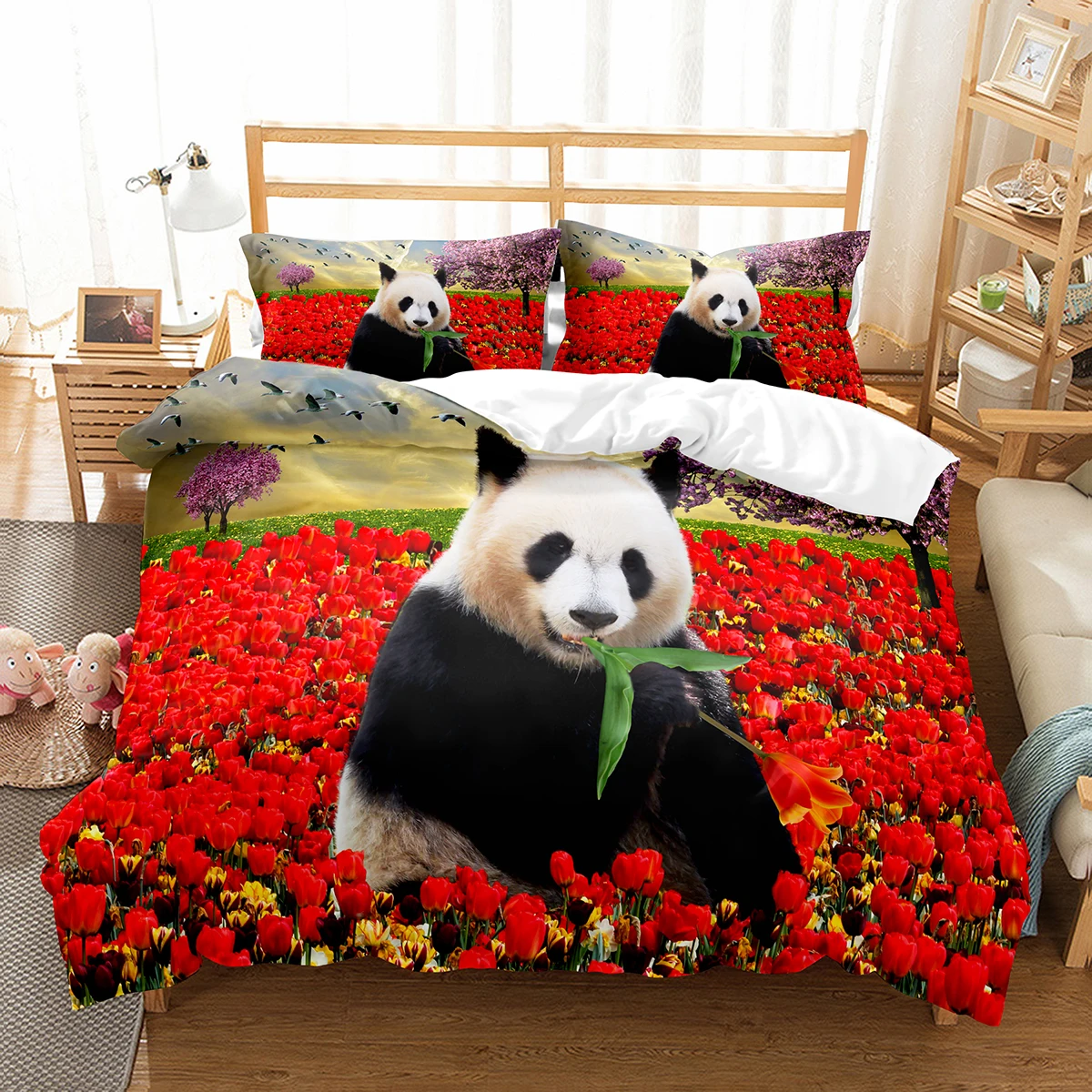 Panda Duvet Cover Set Cute Wild Animals Polyester Comforter Cover King Queen Size for Kids Boy Girl Bedding Set with Pillowcase