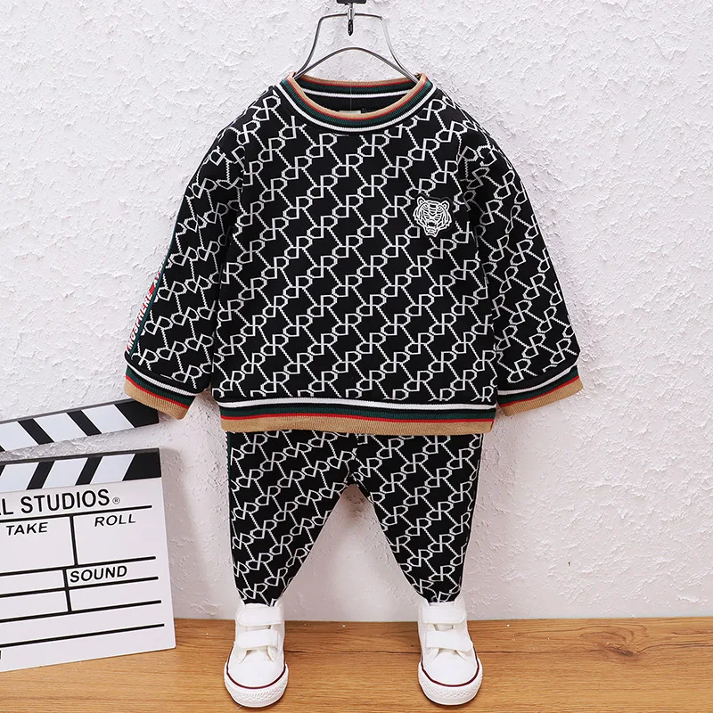 Children Set Spring and Autumn New Boys\' O-neck Contrast Color Letter Printed Cotton Pullover Long-Sleeve Casual Two-Piece Sets