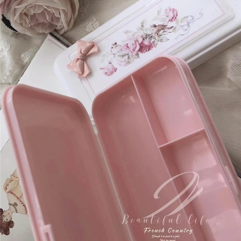Korean Stationery Box New Girls Makeup Brush Storage Box Elegant Pink Bow Retro Room Decor Student Supplies Storager Organizer