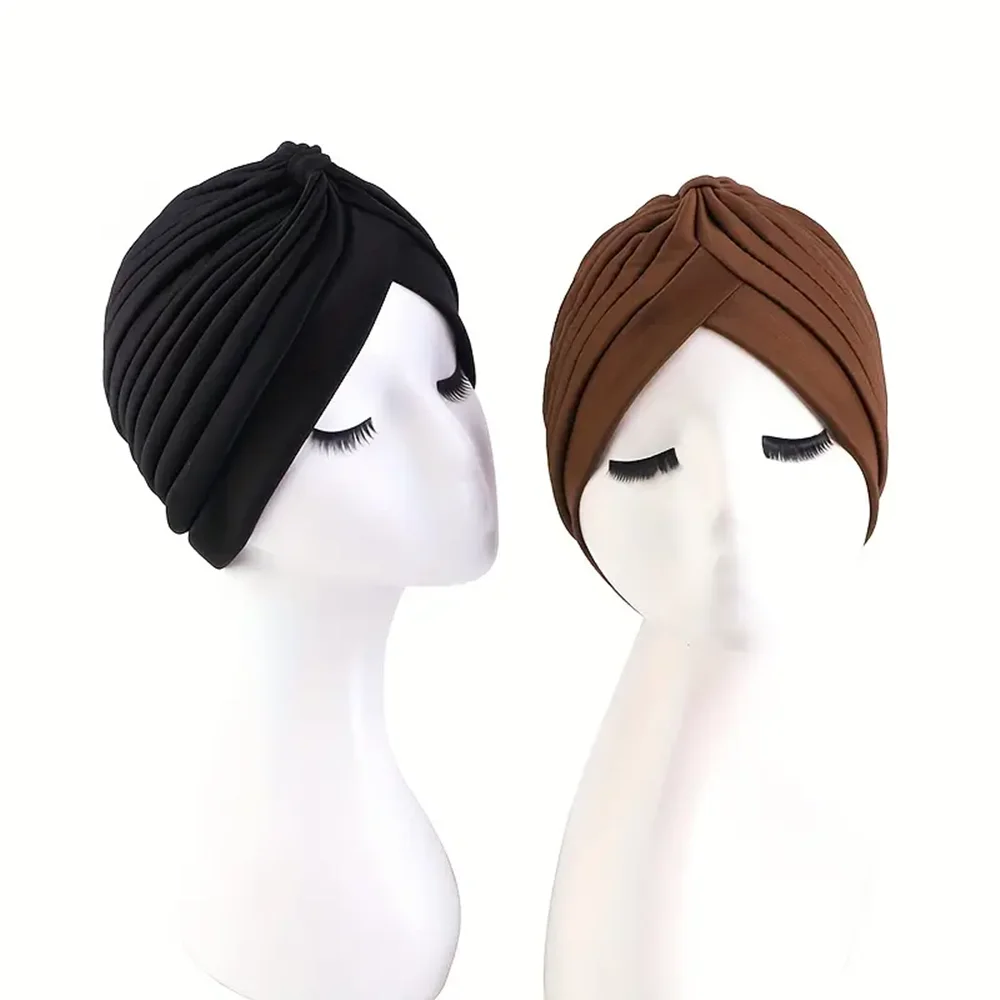 2pcsWomen's Pleated Knot Turban Hat, Soft Stretchy Beanie Cap for Chemo Hair Loss, Muslim Hijab Headwrap, Fashion Daily Headwear view 2