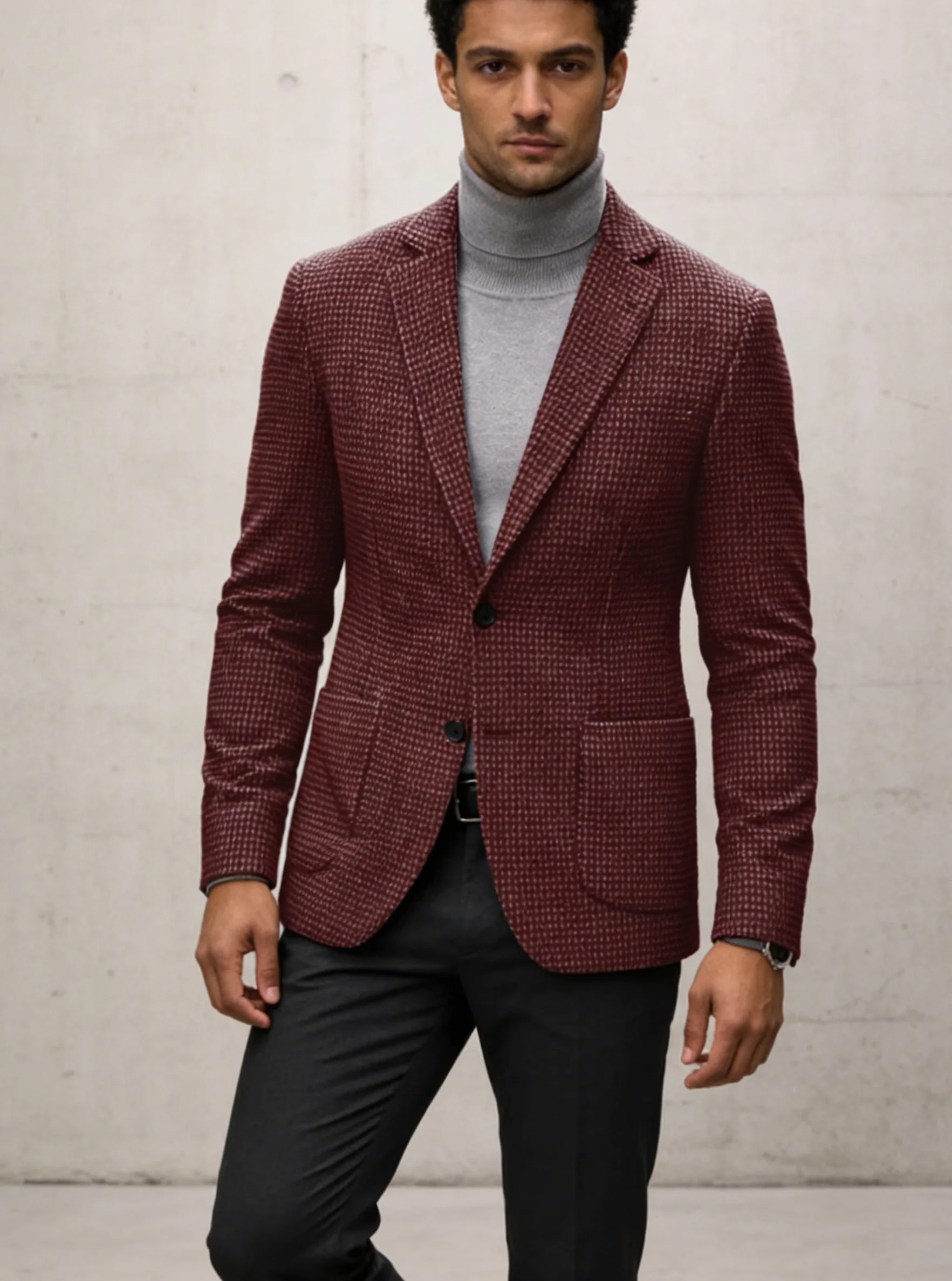 Men's Vintage Houndstooth Tweed Blazer Burgundy Slim Fit Notch Lapel Patch Pocket Fashion Two Buttons Business Casual Jacket image 2