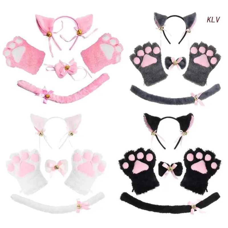 

Cats Costume Set Cats Ears Tail Bow Gloves Animal Fancy Costume Kit Accessories for Adults Kids Halloween Cosplay Prop