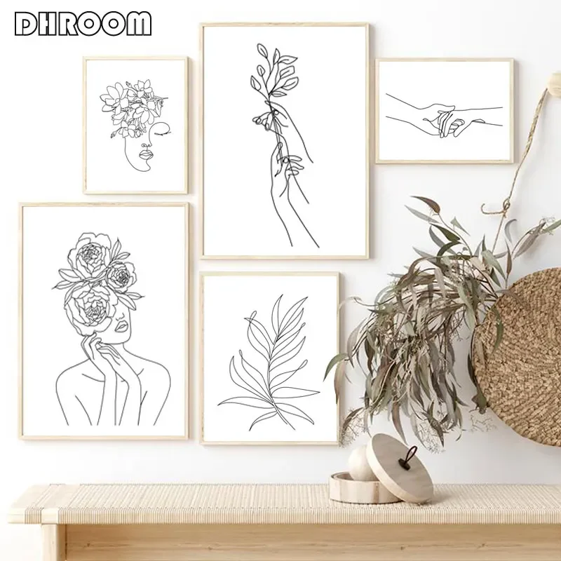 Female Line Art Black and White Prints Gallery Wall Minimalist Canvas Painting Flower Head Wall Art Poster Picture Bedroom Decor