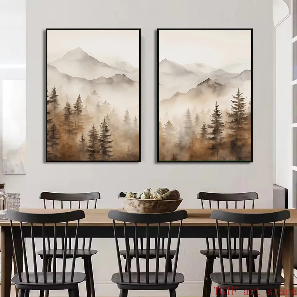محايد المائية ضبابي الغابات الجبلية الطبيعة المشهد المشارك حائط لوح رسم الفن صور ديكور غرفة المعيشة المنزلي #1