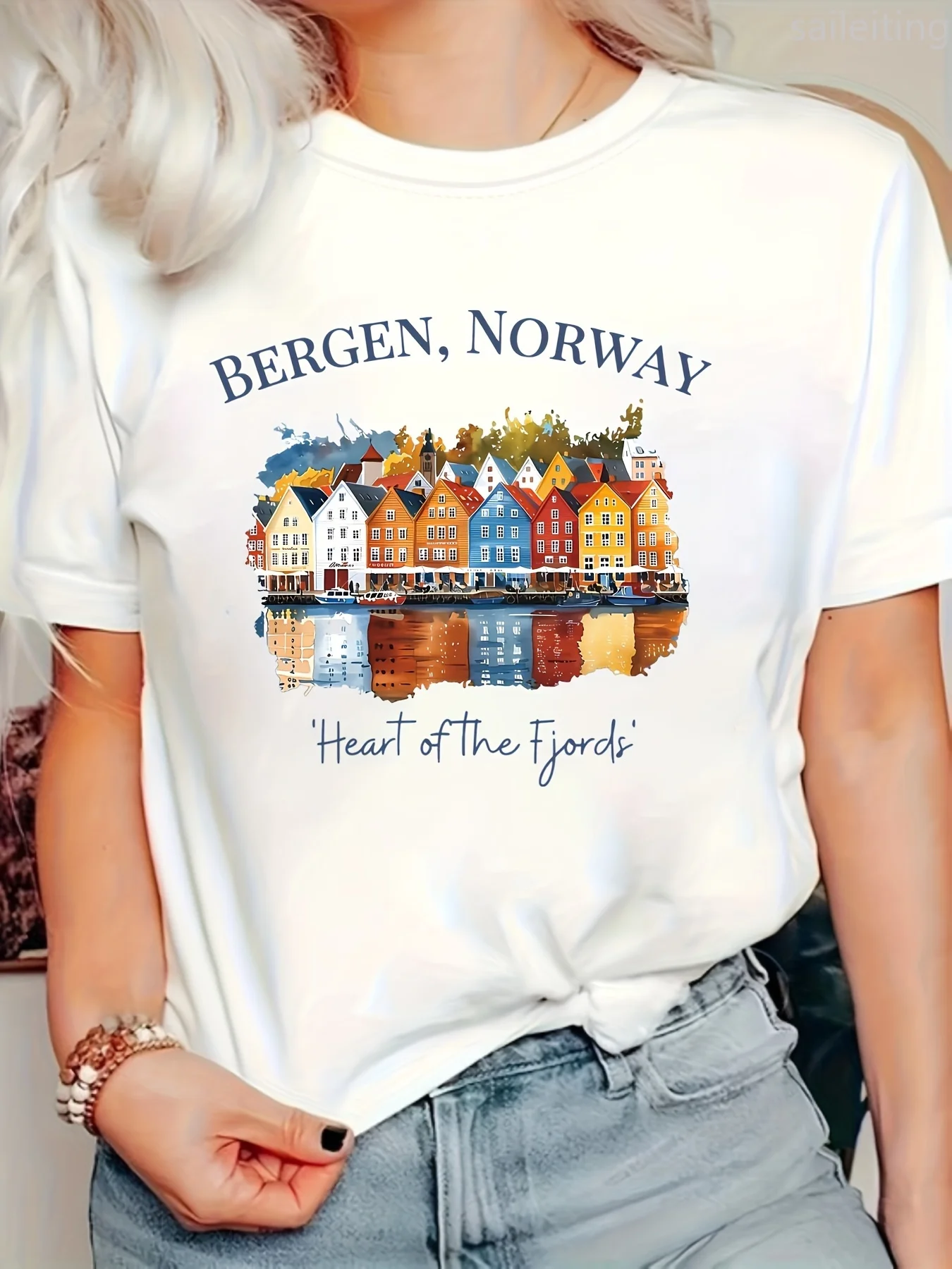Camiseta con estampado gráfico de corazón de Fjord de Bergen Noruega para mujer, Top informal de manga corta con cuello redondo y bloques de colores vibrantes para primavera y verano