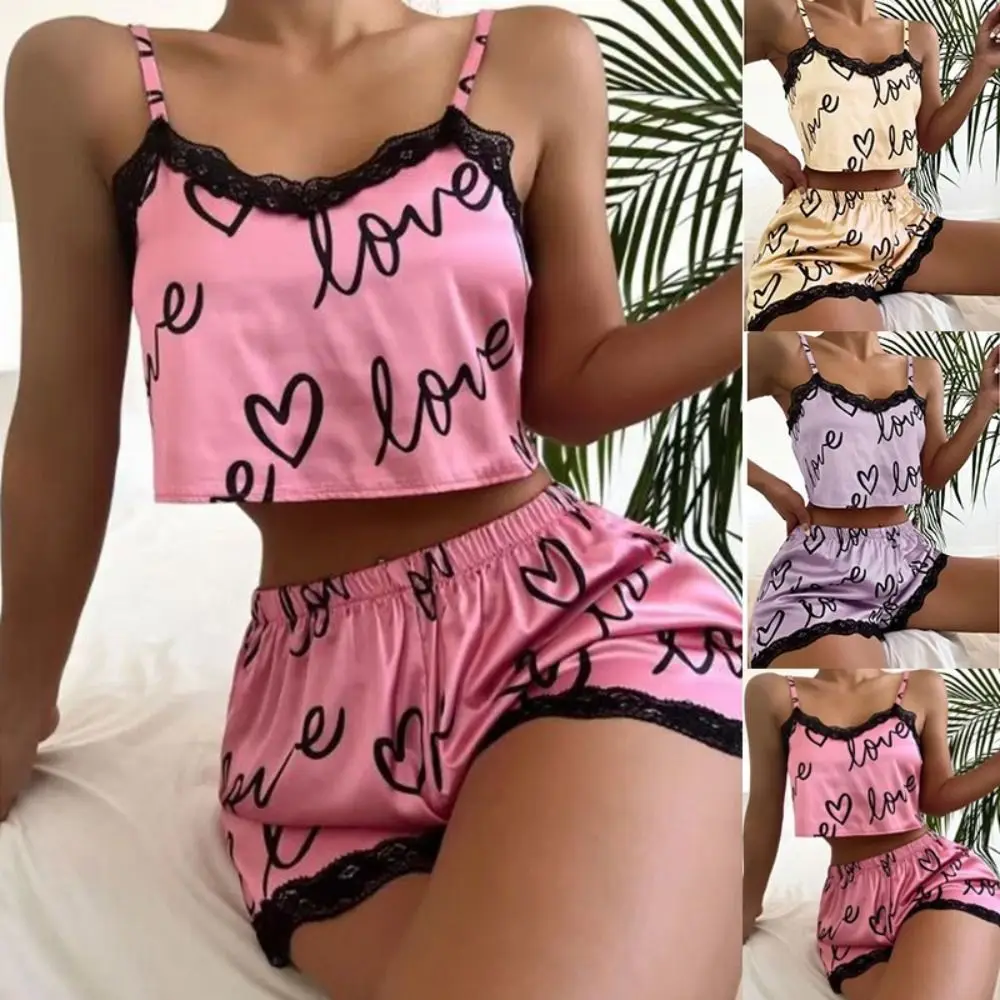 Casual Heart Ice Slik Pajamas Set Letter Cami Shorts Lace Nightdress Suit Homewear Ins Style Satin Sleepwear Women Summer