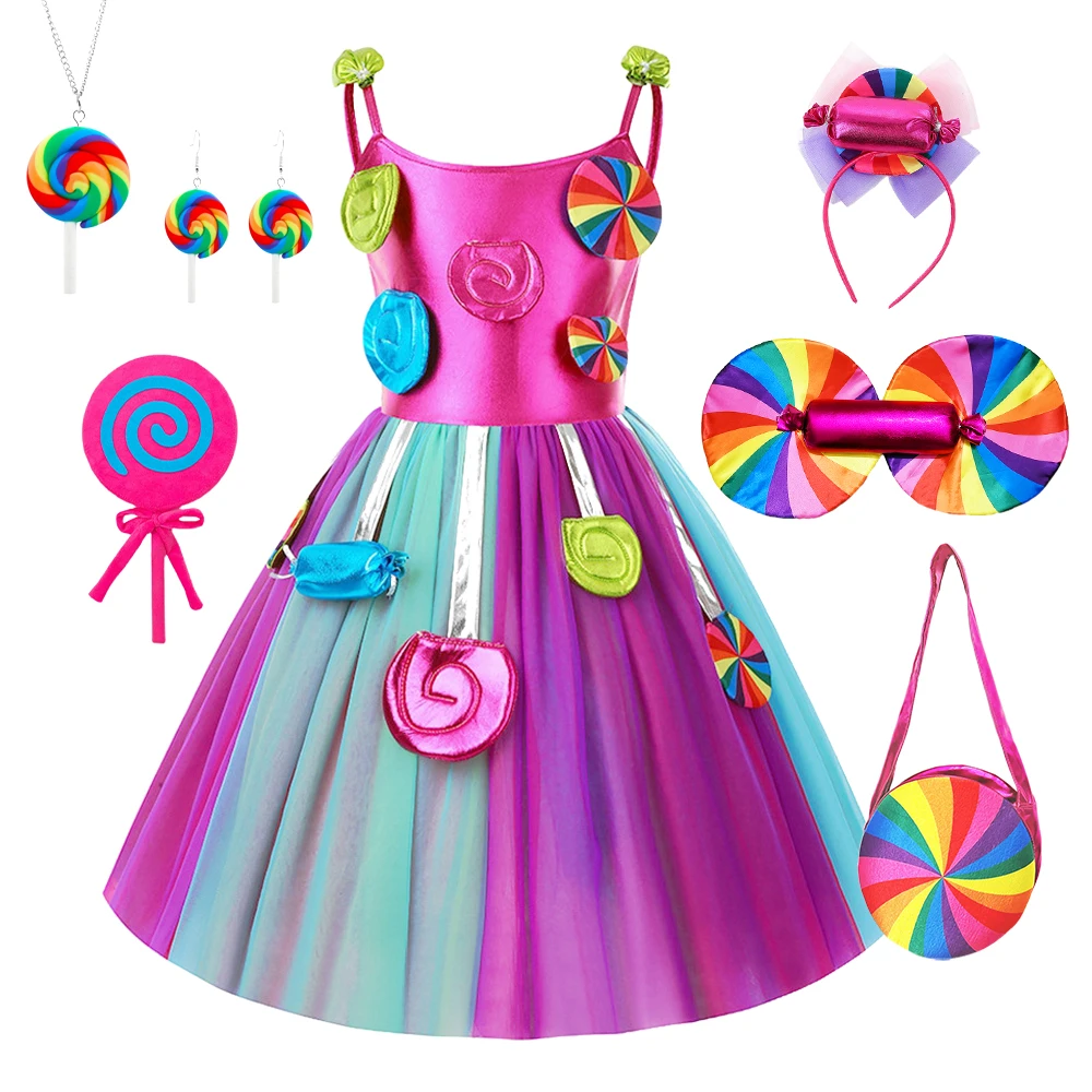 New Sweet Candy Lollipop Girls Purim Carnival Party Girls Gift Candy Lollipop Dress Fantasy Sling Rainbow Candy Clothes