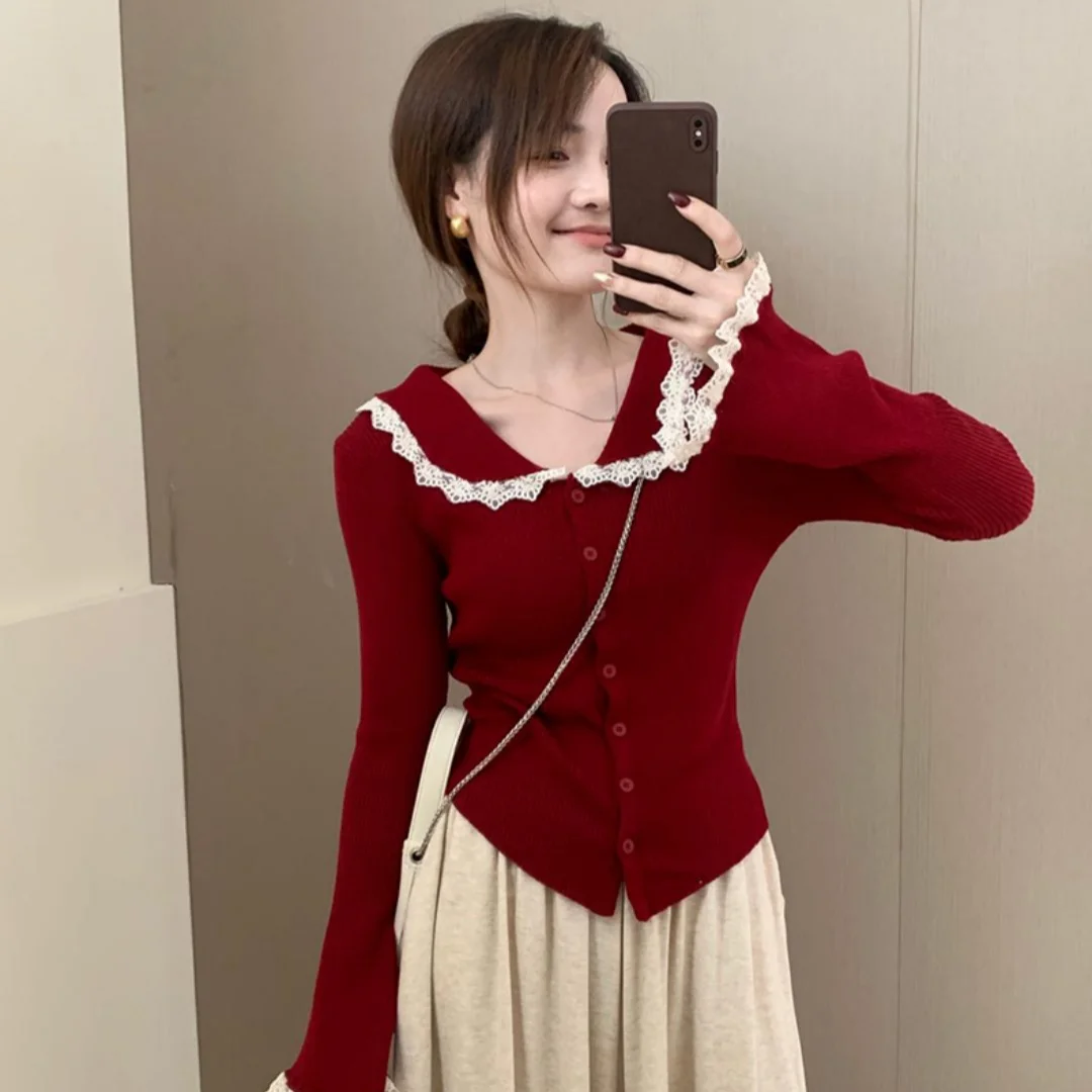 

Spring Autumn Design Lace Trim Knitted Cardigan Women's New Sle Korean Doll Collar Slimming Long Sve Outerwear