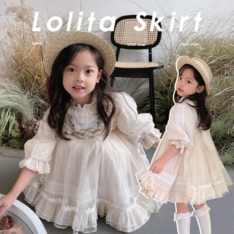 Girls Summer Half Sleeve Beige Lolita Costume Party Evening Dress Infant French Princess Dress Dress 1-10Y Trend