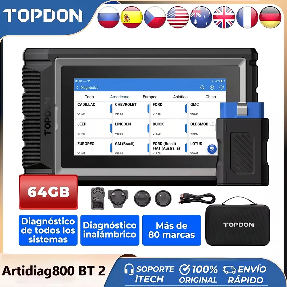 TOPDON ArtiDiag800 BT 2 Escáner OBD2 de Sistema Completo para Coche, Herramienta de Diagnóstico, Lector de Códigos, Prueba Activa, Acceso a FCA Gateway