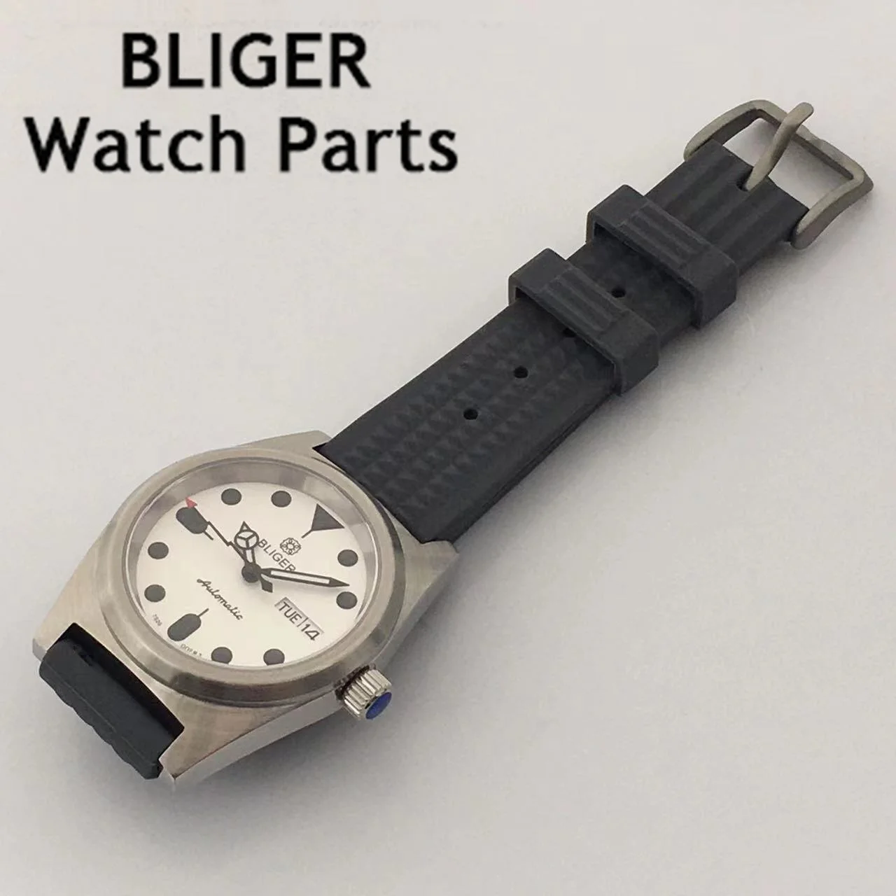 BLIGER 38mm Waterproof NH36 Movement Watch Black White Dial Sapphire Crystal Automatic Men\'s Watch Curved Rubber Strap