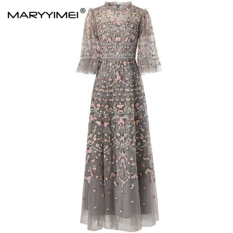 MARYYIMEI Beading Mesh Embroidery Sequins Women\'s Flare Sleeved High Waiste Vintage Temperament Summer S-4XL Dresses