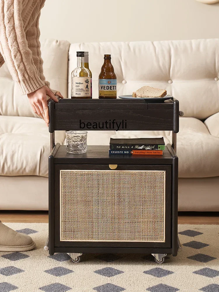 

LX23 Приставной столик из массива дерева, боковой шкаф для дивана, гостиная, черный ротанг, приставной столик для хранения, небольшая прикроватная тумбочкаSSS