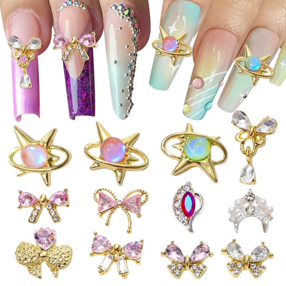 10pcs Aurora Planet Bowknot Alloy Nail Charms Jewelry Luxury Zircon Gems Nail Art Glitter Rhinestones DIY Manicure Y2K Accessory