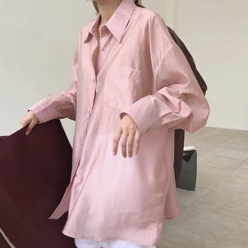 FANAN موضة منظور قمصان واقية من الشمس للنساء التلبيب واحدة الصدر بلوزات فضفاضة غير رسمية الإناث بلايز 2025 صيف جديد