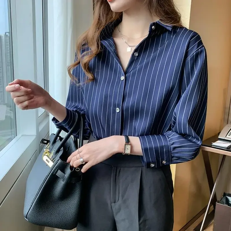 Blus sifon lengan panjang wanita B617, blus sifon motif garis, kerah lipat untuk wanita, baju kantor, blus lengan panjang perca, gesper tekan, musim gugur