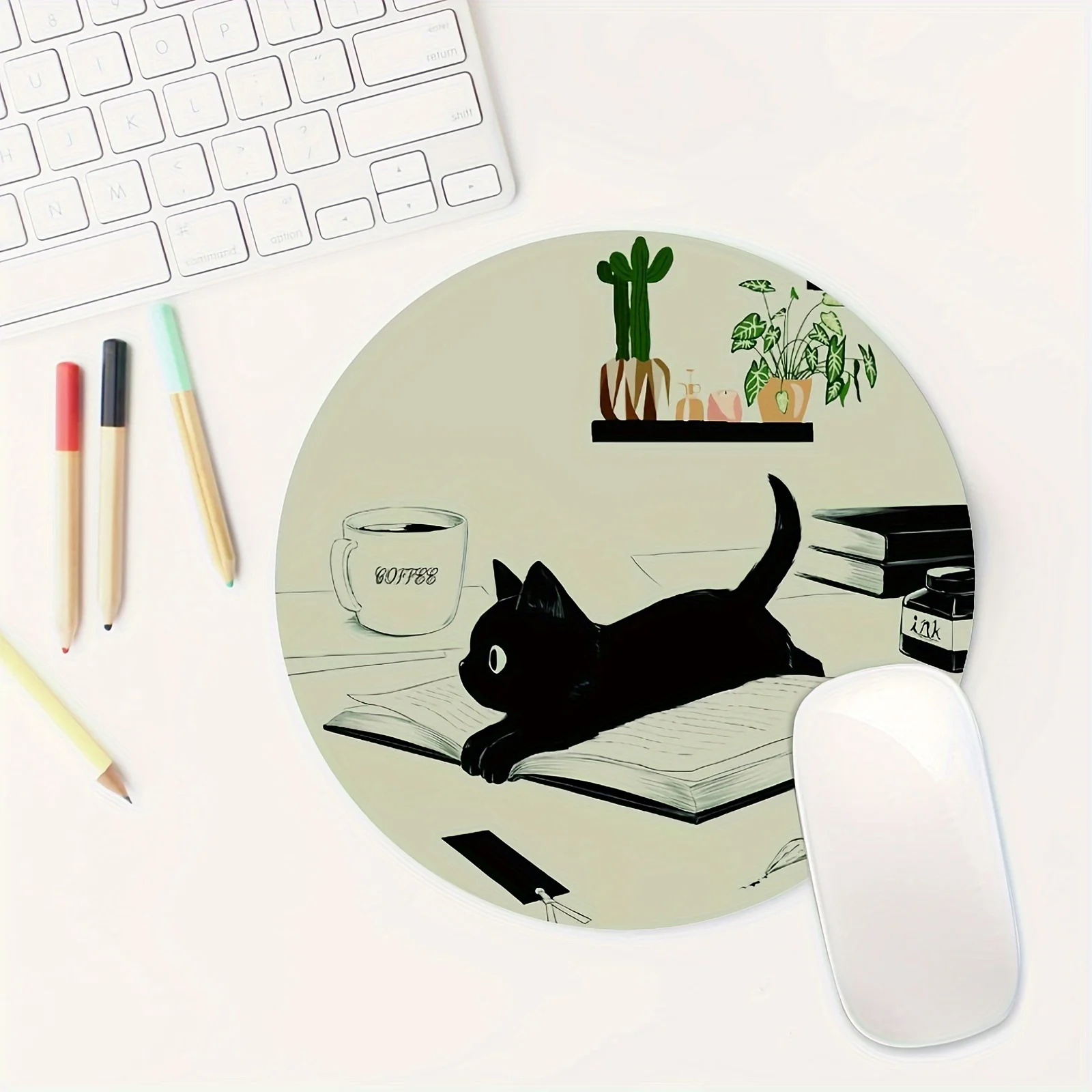 Black Cat Mouse Pad Non-Slip Black Cat Reading Gaming Mouse Pad Washable Round Mousepad Office Computers Laptops, Cat Mouse Pads