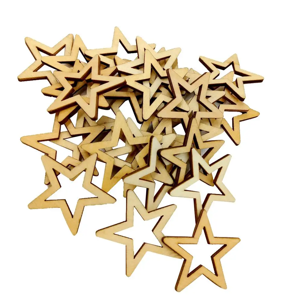 30 Pieces Unfinished Hollow Star Shape Wooden Embellishments 40mm