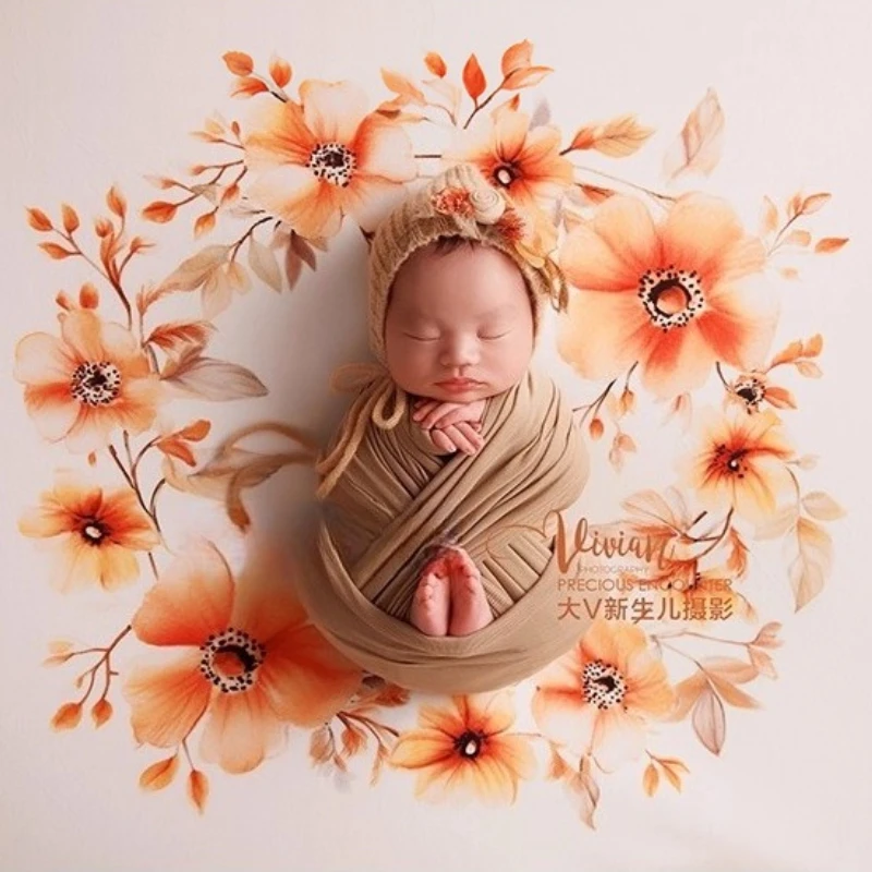 Newborn Photography Props Strentch Floral Backdrop Khaki Wrap with Flower Headband Knitted Hat for Studio Photoshoot Fotografia
