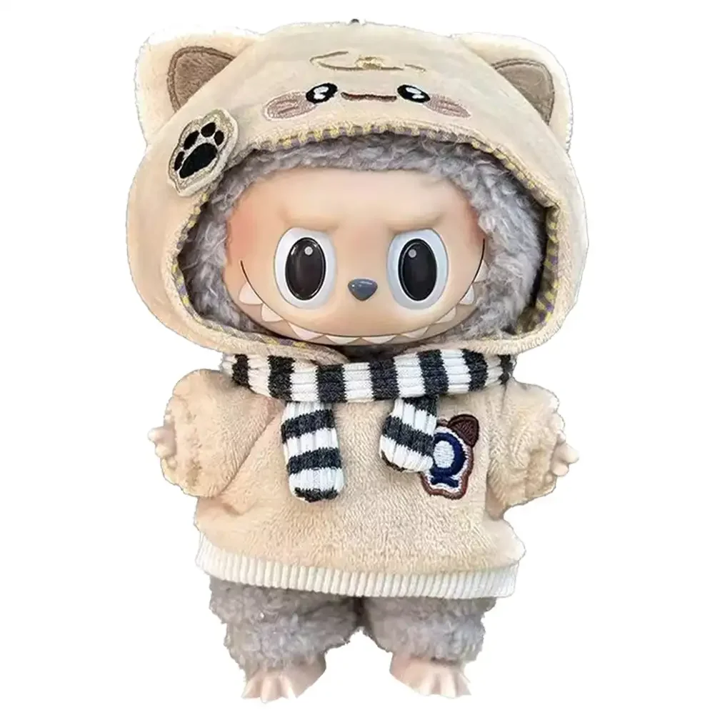 For labubu 15-17cm Cute Cotton Doll Jacket Two-piece Set Universal Hooded Sweatshirt Scarf Bone Puppy Paw Print Cat Clothes