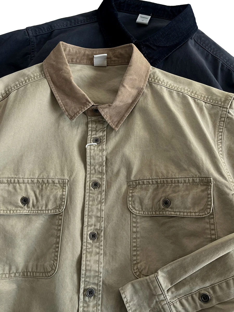 

Retro Contrast Color Collar Long Sve Cotton irt Men's Loose Workwear Double ket Trendy Brand Outerwear Jaet