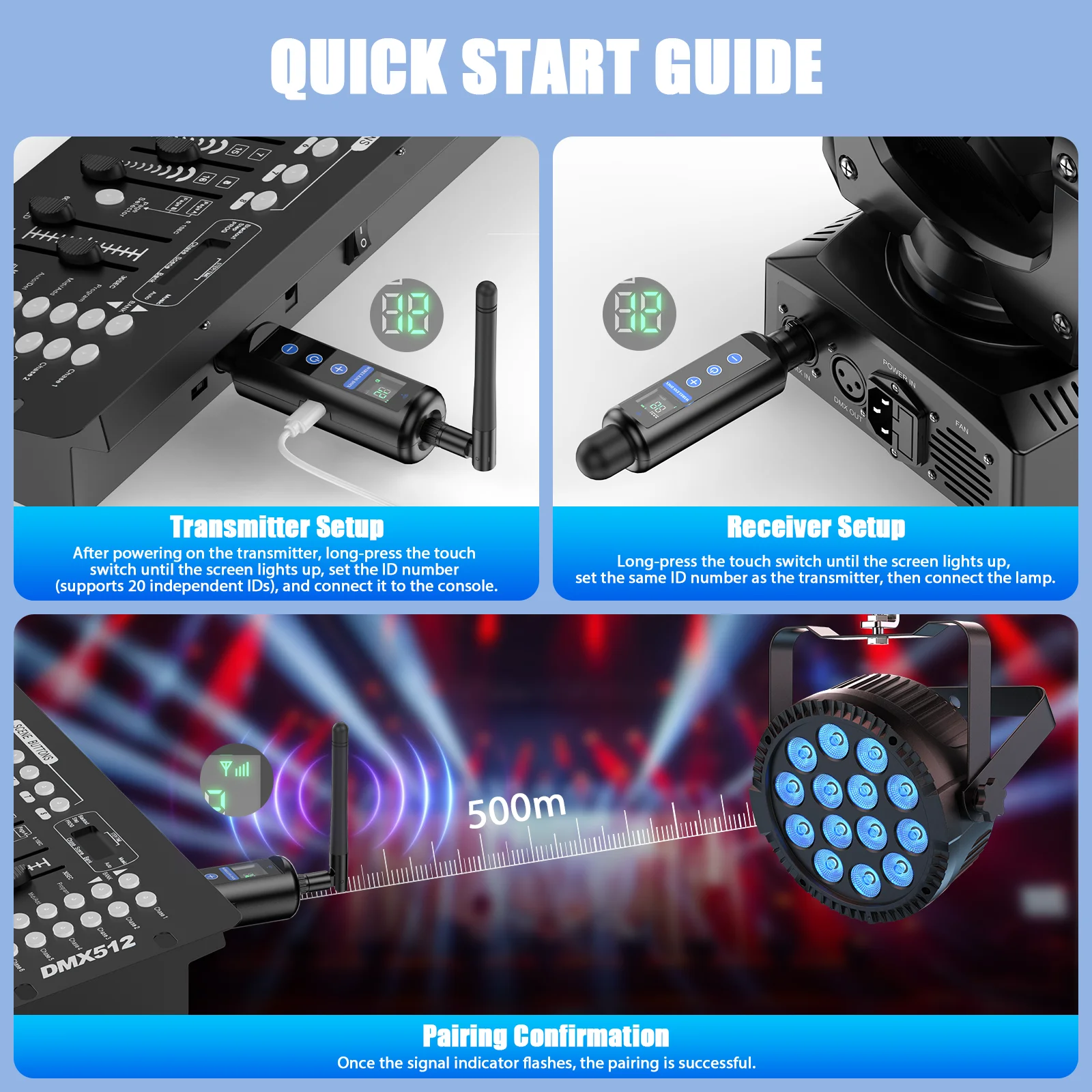 U'King 3 قطعة استقبال البطارية المدمج و DMX512 وحدة التحكم اللاسلكية الارسال و صندوق التعبئة التحكم في إضاءة المسرح لشريط KTV للحزب #5