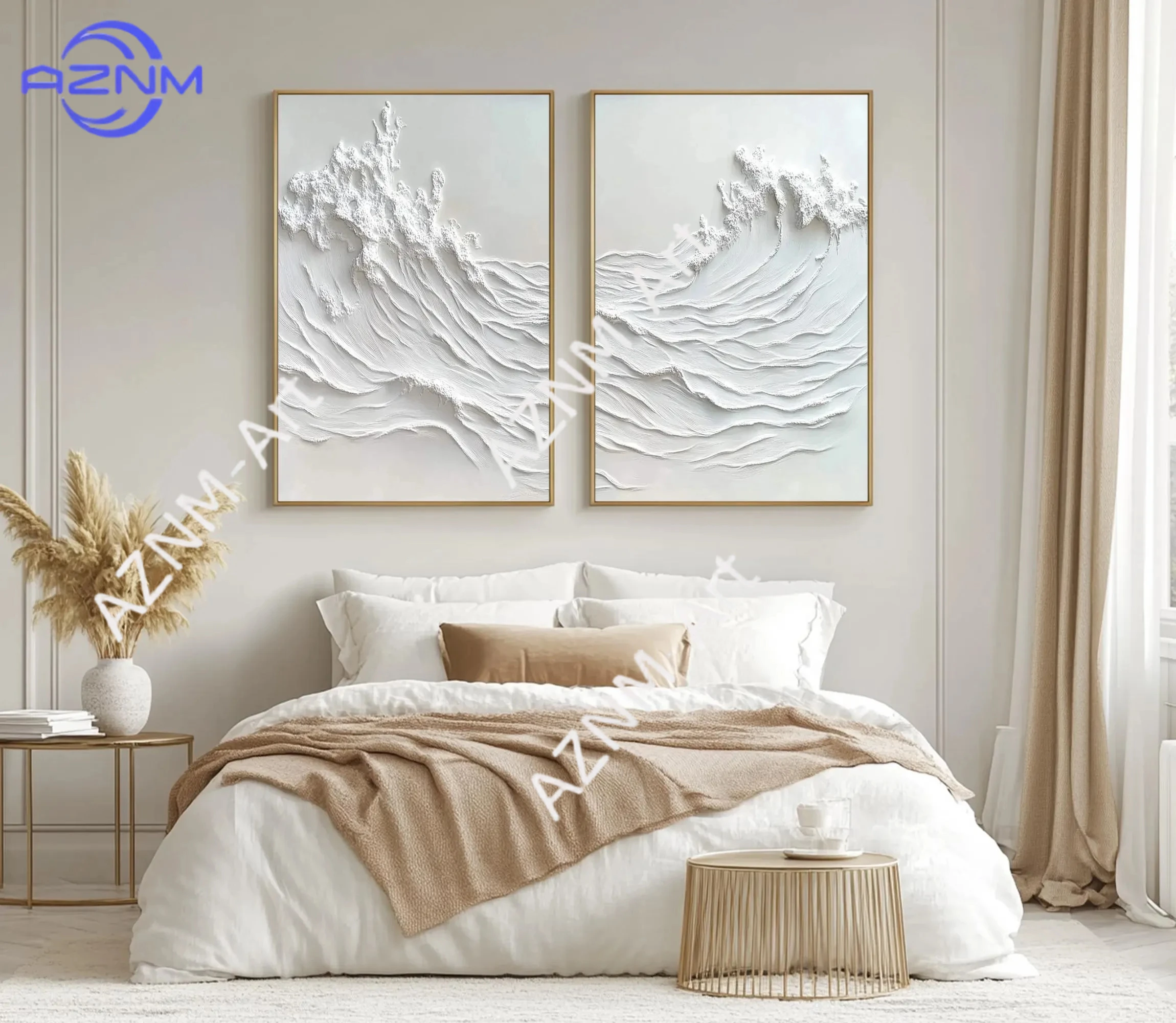 1/2Pcs Hand Painted Abstract Plaster Waves Painting, Set of 2 White Textured Wabi-Sabi Wall Art view 5