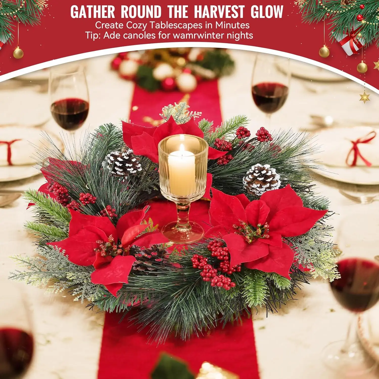 إكليل عيد الميلاد مقاس 24 بوصة - إكليل صنوبر كبير مع بونسيتة حمراء للباب الأمامي والجدار والمدفأة - داخلي/خارجي #6