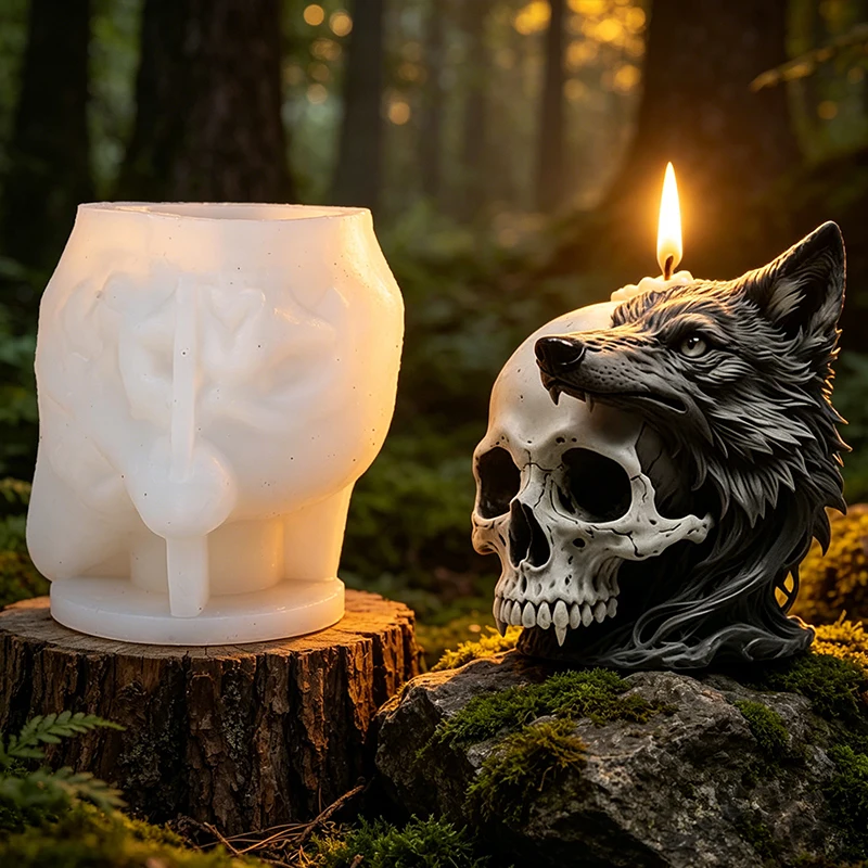 3D Wolf Head Skull Silicone Candle Mold Animal Aromatherapy Scented Candle Gypsum Plaster Soap Craft Ornament Mold for Halloween
