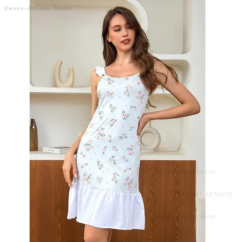 

Новая летняя женская ночная рубашка на подтяжках, сорочка, одежда для сна, сексуальная кружевная ночная рубашка с открытой спиной, женское нижнее белье с принтом, домашнее платье, одежда для дома