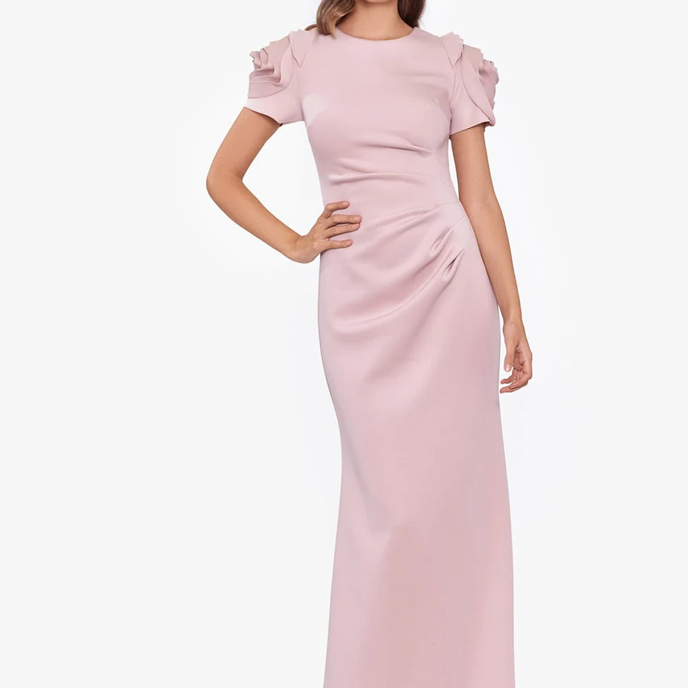 

Customized Temperament Flowers Off the Shoulder Jersey Evening Dresses Formal Crew Neck Short Sleeves Straight Homecoming Dress