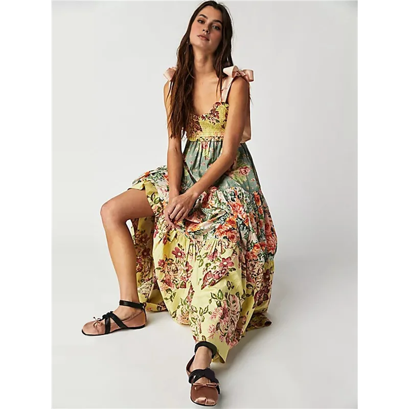 Abito estivo Boho floreale da donna con cravatta sulla spalla, patchwork smockato, maxi abiti fluidi con tasche, autunno-A55G estivo