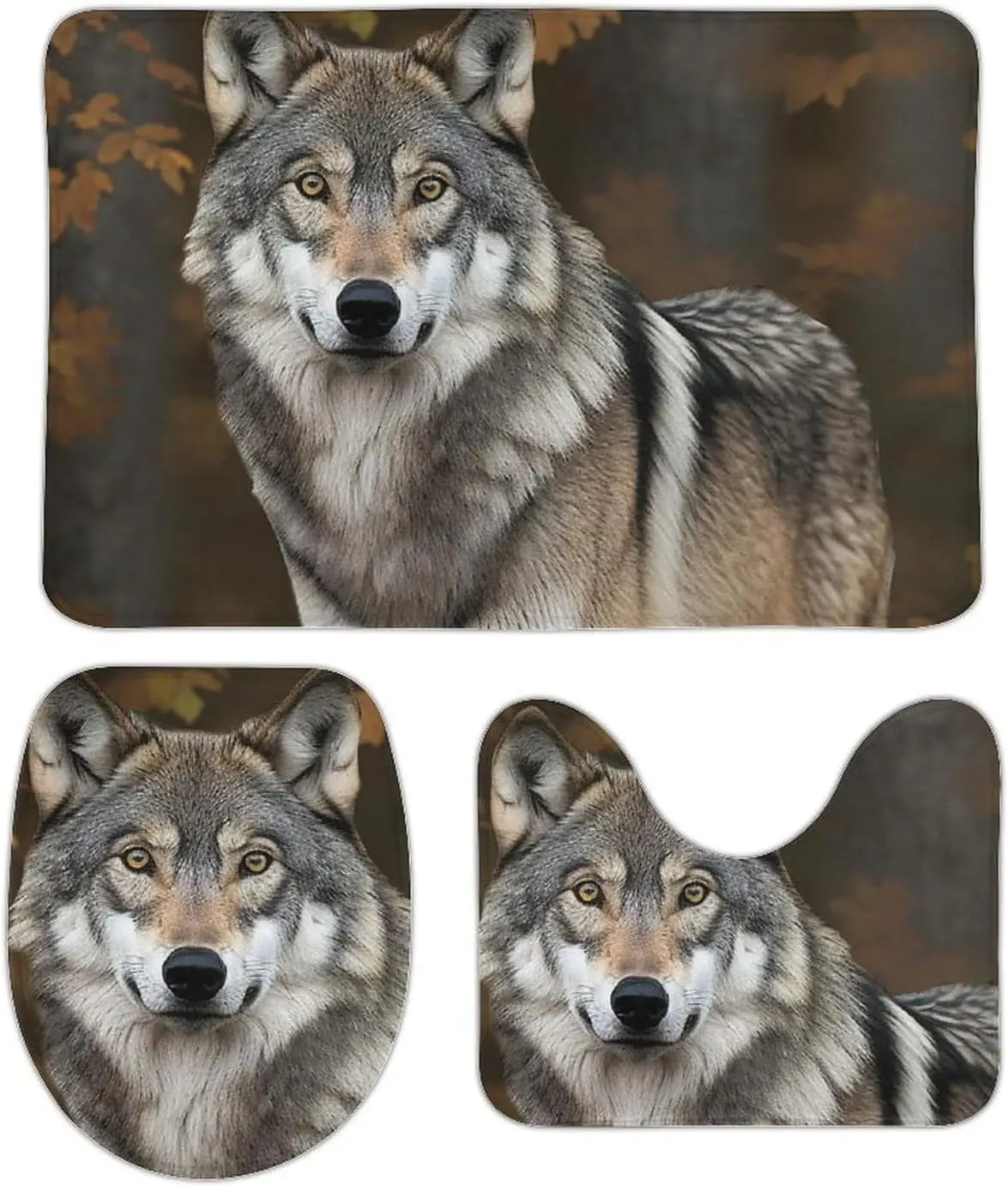 3 Piece Bath Rug Set Non Slip Absorbent Bath Mat Contour Mat with Toilet Lid Cover Wild Wild Gray Wolf Soft Floor Mats for