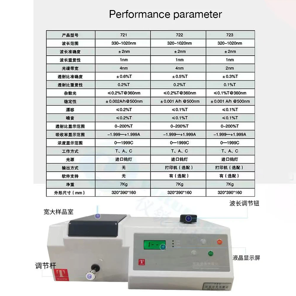 721Visible Spectrometer Wavelength 325-1050nm UV Spectrophotometer Tester Precision UV-Vis Photometer with Analyser Cuvette Kit