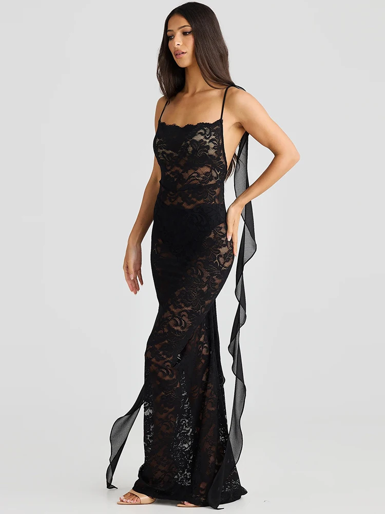 Sibybo Lace See Through Camisole Maxi Dress For Women Ribbons Sleeveless Backless Slim Bodycon Long Dresses Ladies Outfits Robes